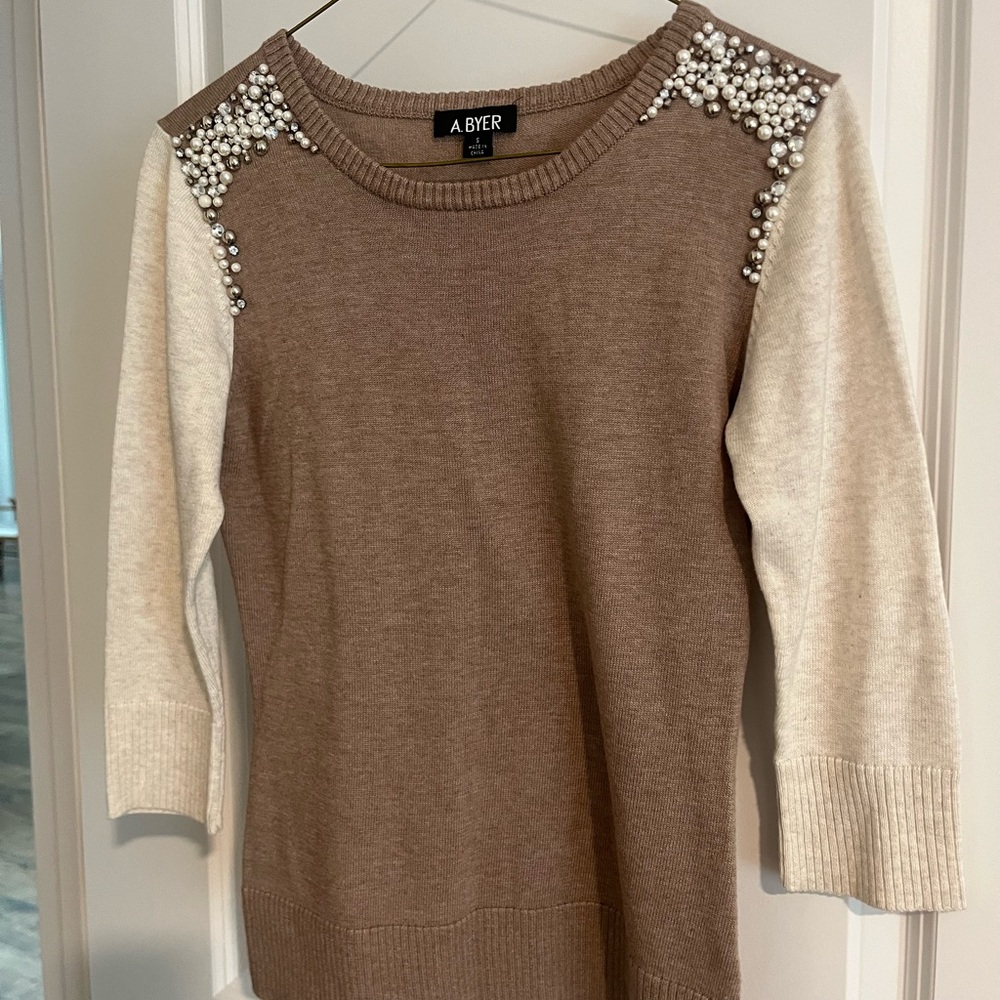 A. Byer Brown and Cream Sweater with Pearl Accents